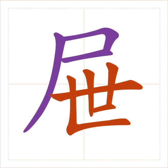 The character 屉 (tì) with each of its parts in a different colour