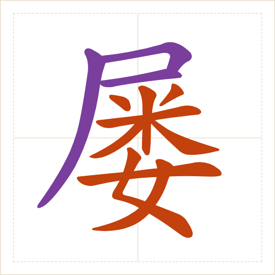 The character 屡 (lǚ) with each of its parts in a different colour