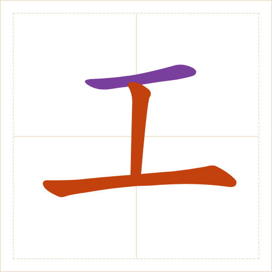 The character 工 (gōng) with each of its parts in a different colour