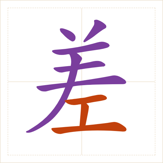 The character 差 (chà) with each of its parts in a different colour