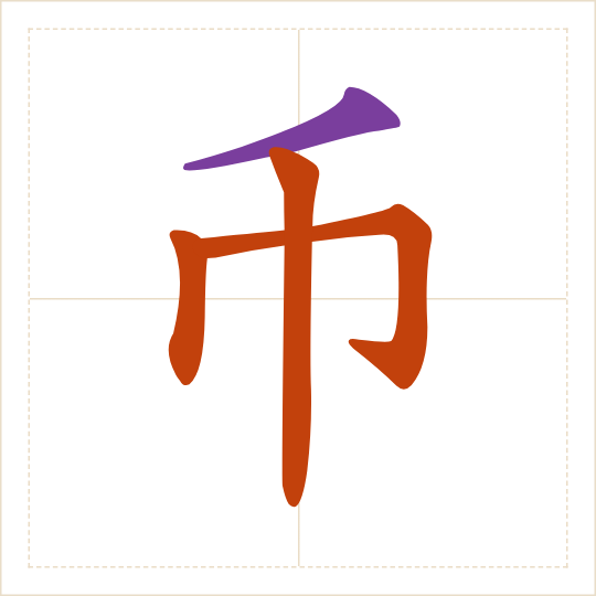 The character 币 (bì) with each of its parts in a different colour