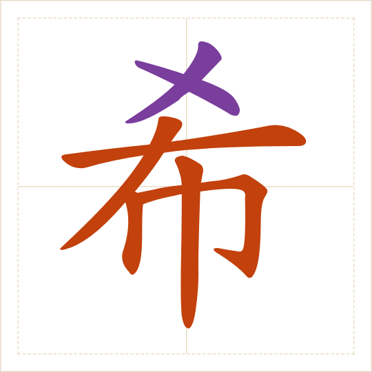 The character 希 (xī) with each of its parts in a different colour