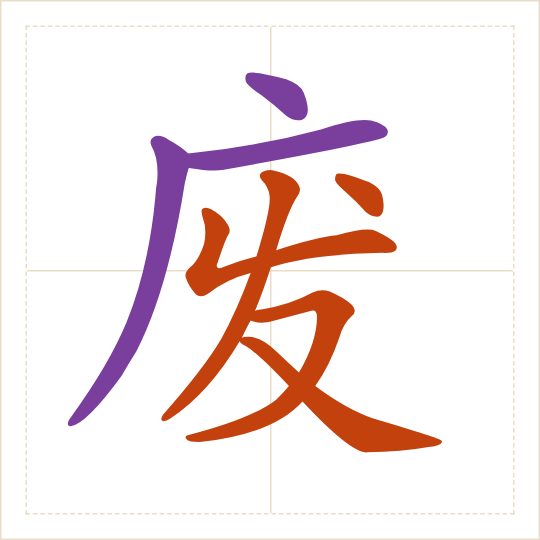The character 废 (fèi) with each of its parts in a different colour