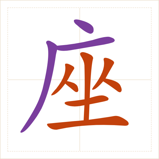 The character 座 (zuò) with each of its parts in a different colour