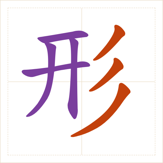 The character 形 (xíng) with each of its parts in a different colour