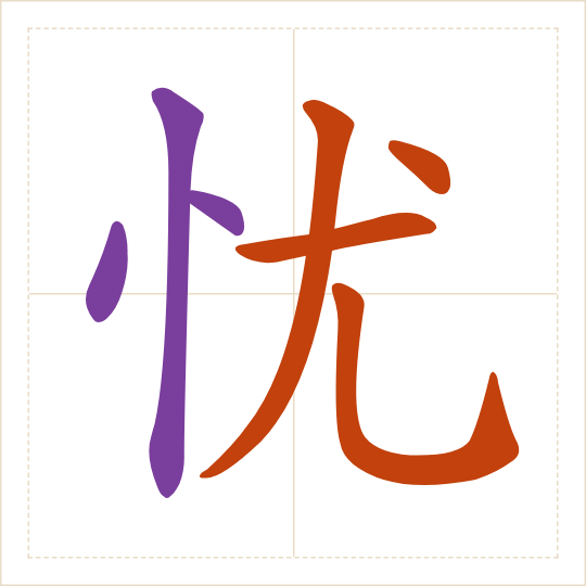 The character 忧 (yōu) with each of its parts in a different colour