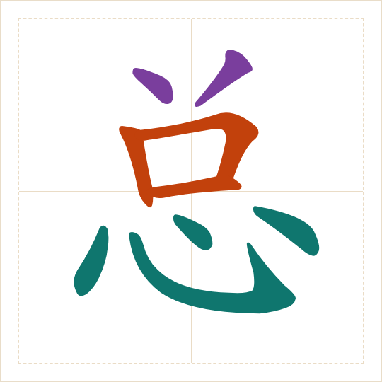 The character 总 (zǒng) with each of its parts in a different colour