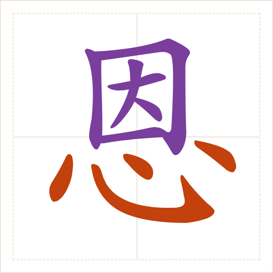 The character 恩 (ēn) with each of its parts in a different colour