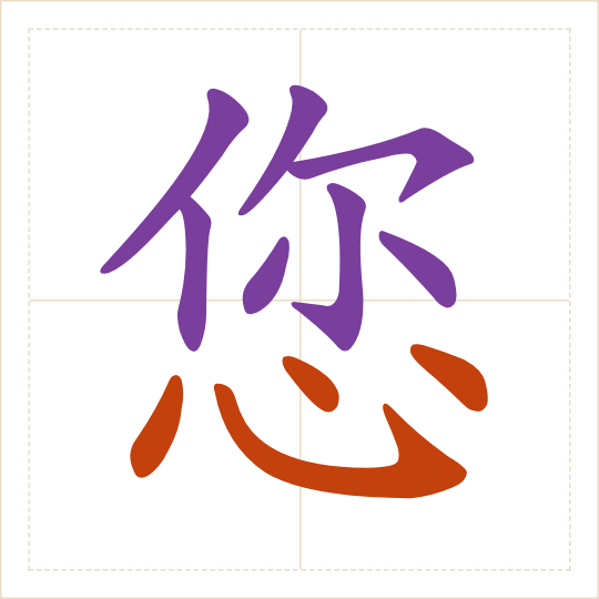 The character 您 (nín) with each of its parts in a different colour
