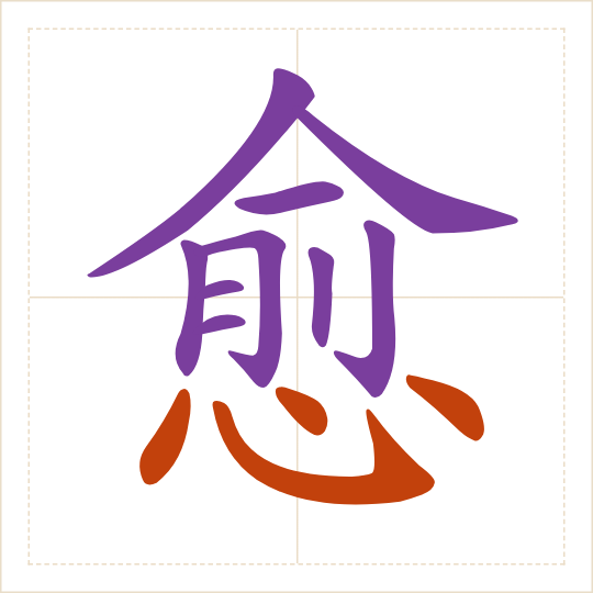 The character 愈 (yù) with each of its parts in a different colour