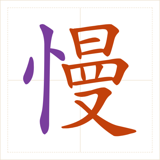 The character 慢 (màn) with each of its parts in a different colour