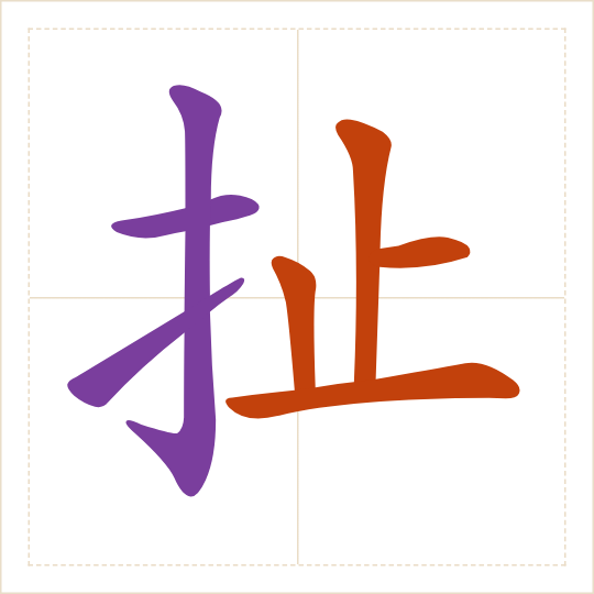 The character 扯 (chě) with each of its parts in a different colour