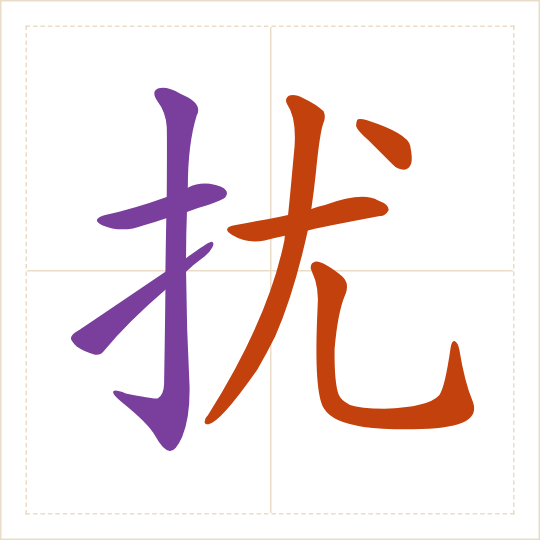 The character 扰 (rǎo) with each of its parts in a different colour