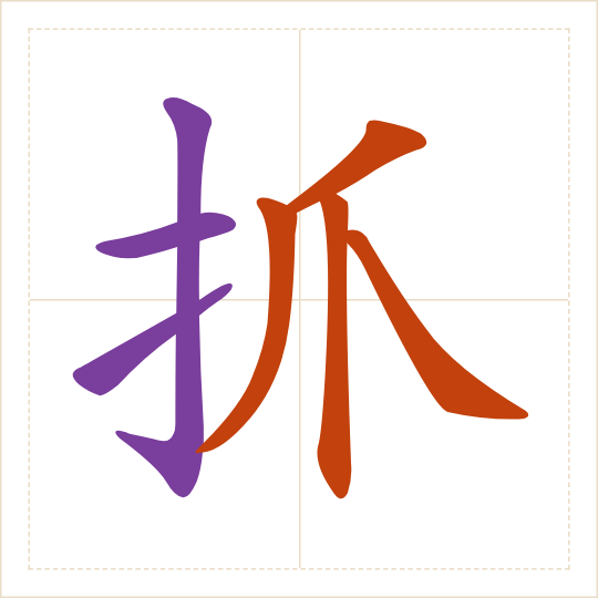The character 抓 (zhuā) with each of its parts in a different colour