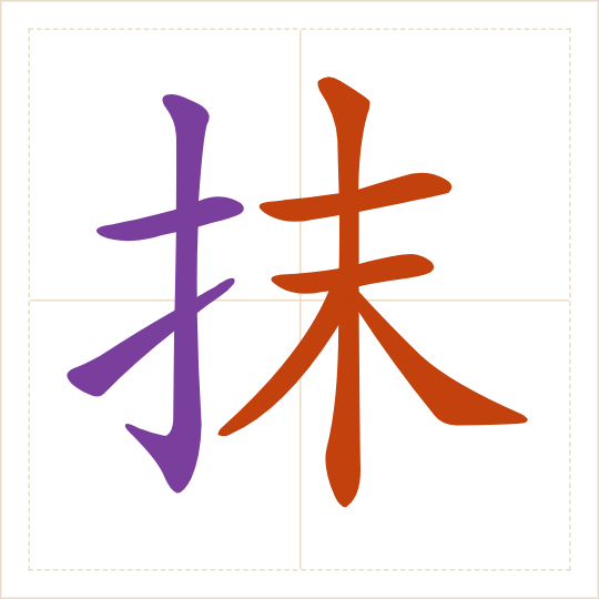 The character 抹 (mǒ) with each of its parts in a different colour