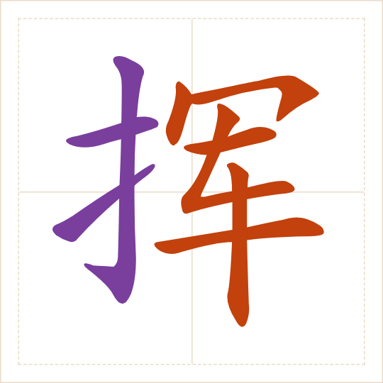 The character 挥 (huī) with each of its parts in a different colour