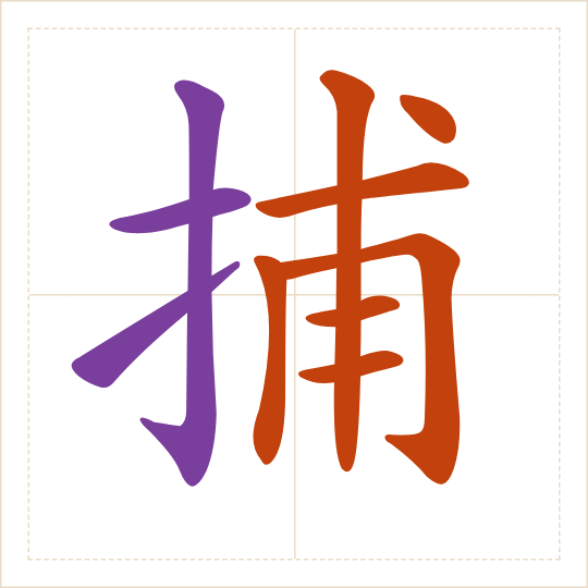 The character 捕 (bǔ) with each of its parts in a different colour