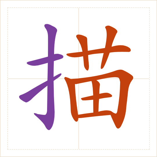 The character 描 (miáo) with each of its parts in a different colour
