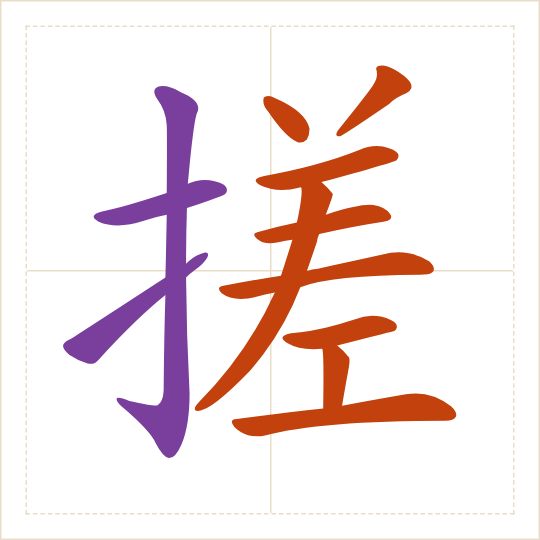 The character 搓 (cuō) with each of its parts in a different colour