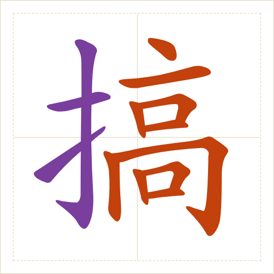 The character 搞 (gǎo) with each of its parts in a different colour