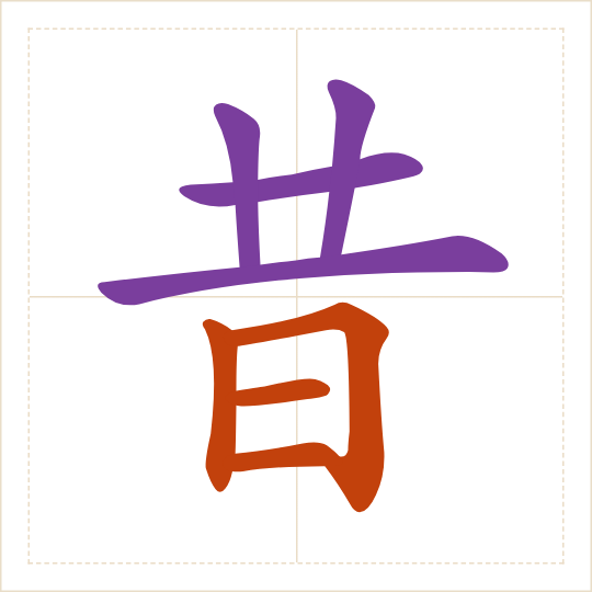 The character 昔 (xī) with each of its parts in a different colour