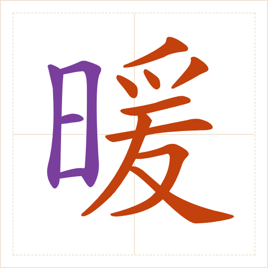 The character 暖 (nuǎn) with each of its parts in a different colour