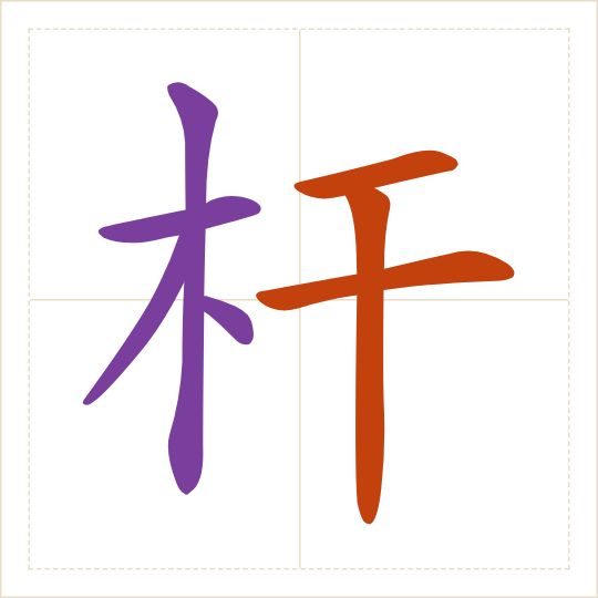The character 杆 (gǎn) with each of its parts in a different colour