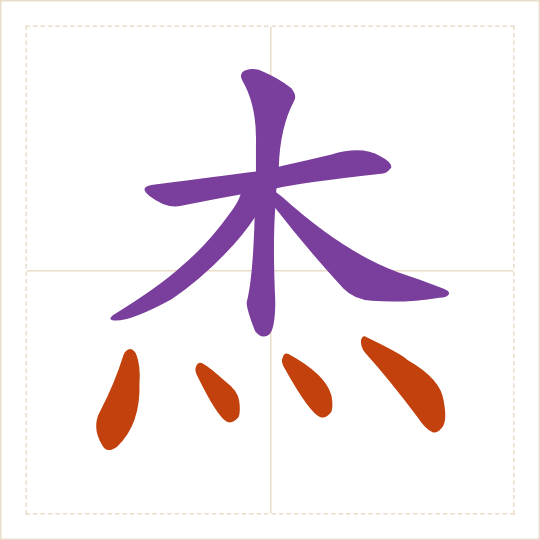 The character 杰 (jié) with each of its parts in a different colour
