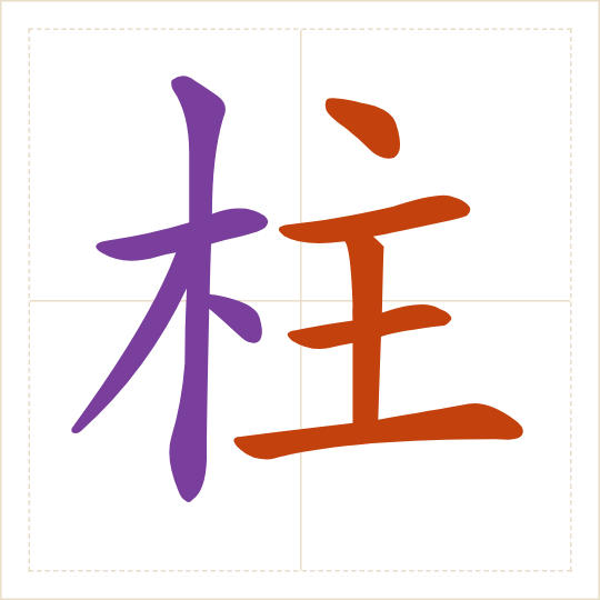 The character 柱 (zhù) with each of its parts in a different colour