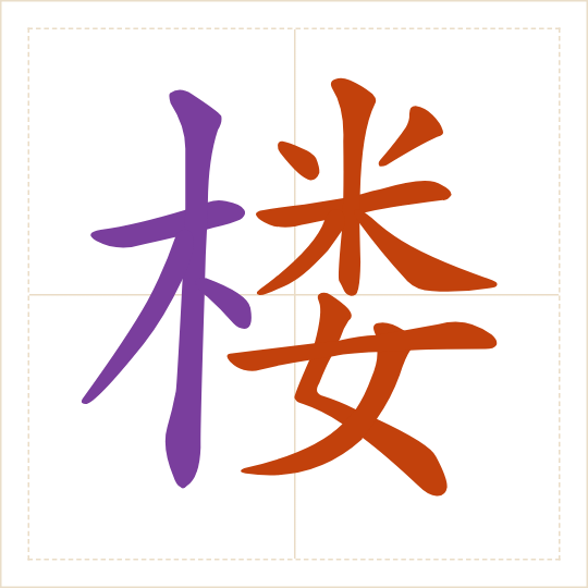 The character 楼 (lóu) with each of its parts in a different colour