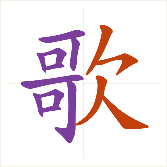 The character 歌 (gē) with each of its parts in a different colour
