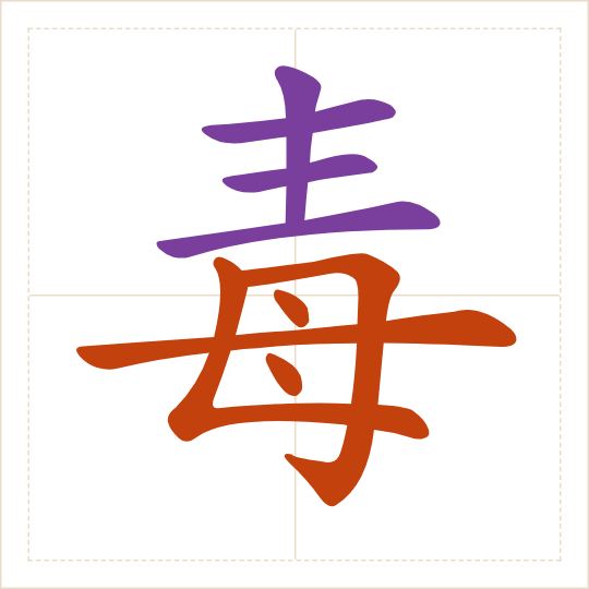 The character 毒 (dú) with each of its parts in a different colour