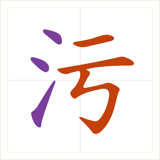 The character 污 (wū) with each of its parts in a different colour