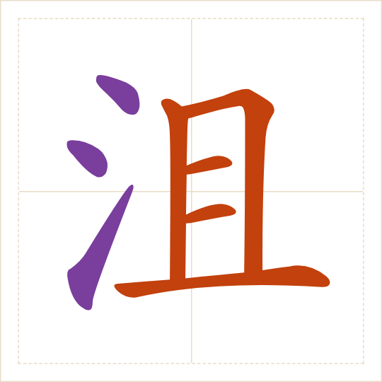 The character 沮 (jǔ) with each of its parts in a different colour