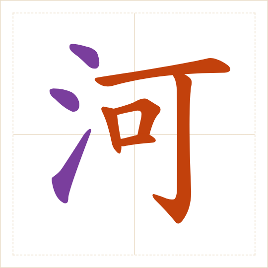 The character 河 (hé) with each of its parts in a different colour