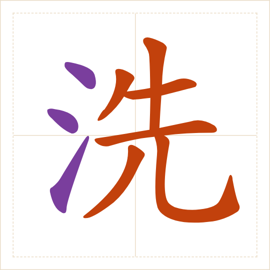 The character 洗 (xǐ) with each of its parts in a different colour