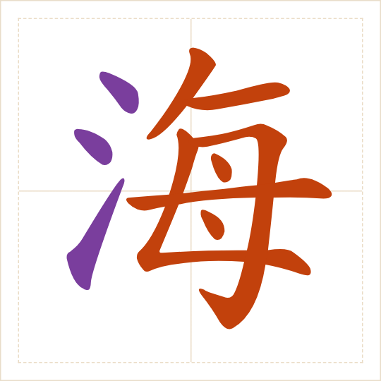 The character 海 (hǎi) with each of its parts in a different colour