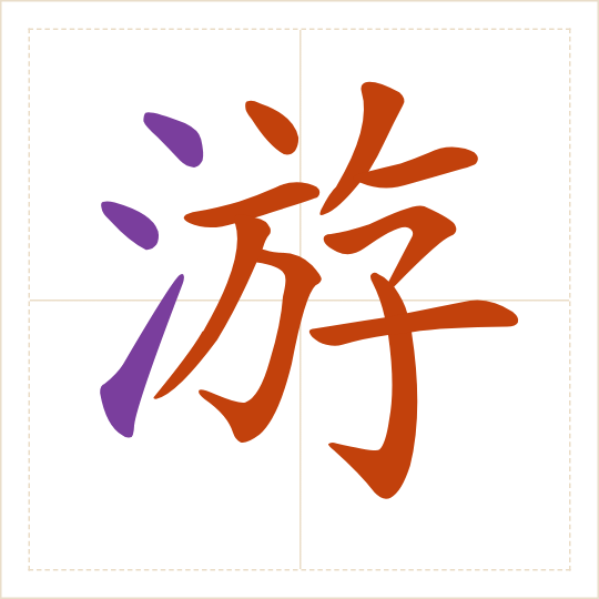 The character 游 (yóu) with each of its parts in a different colour