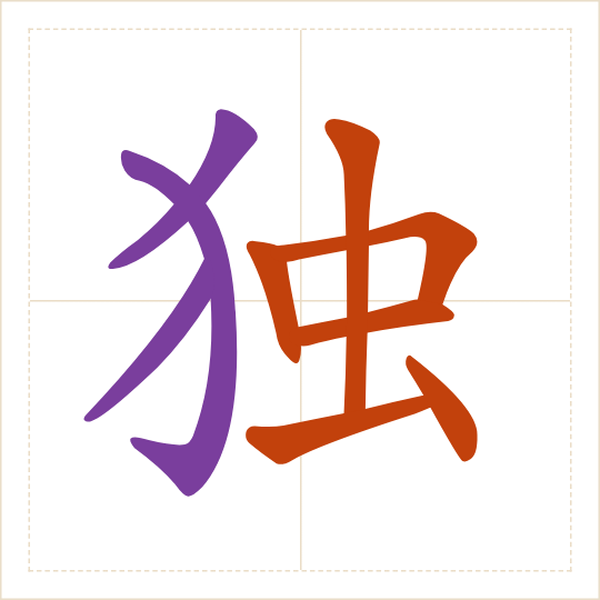 The character 独 (dú) with each of its parts in a different colour