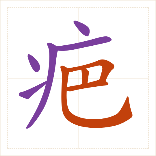 The character 疤 (bā) with each of its parts in a different colour