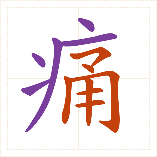 The character 痛 (tòng) with each of its parts in a different colour