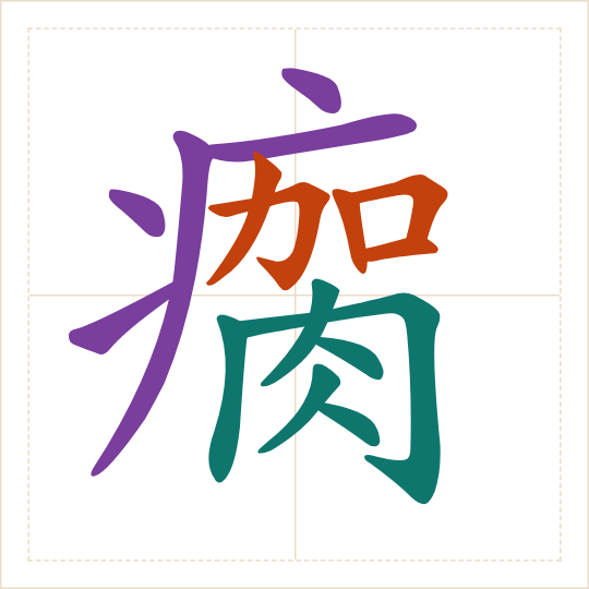 The character 瘸 (qué) with each of its parts in a different colour