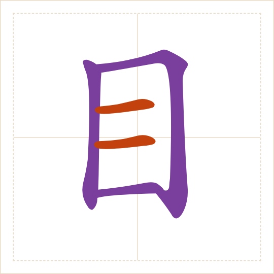 The character 目 (mù) with each of its parts in a different colour