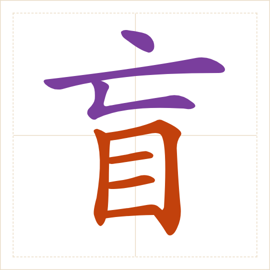 The character 盲 (máng) with each of its parts in a different colour