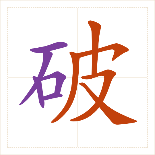 The character 破 (pò) with each of its parts in a different colour