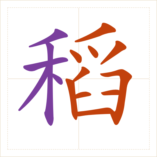 The character 稻 (dào) with each of its parts in a different colour