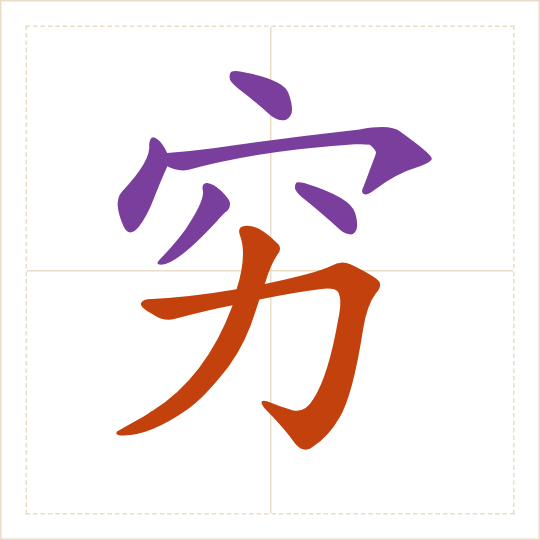 The character 穷 (qióng) with each of its parts in a different colour