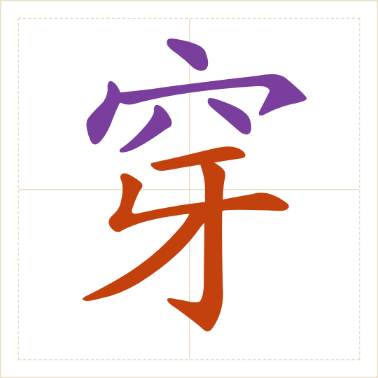 The character 穿 (chuān) with each of its parts in a different colour