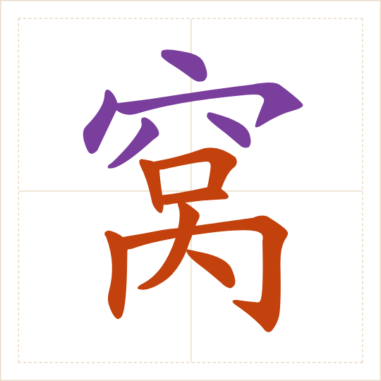 The character 窝 (wō) with each of its parts in a different colour