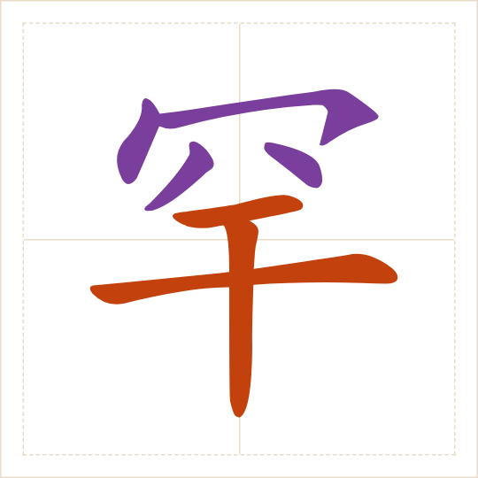 The character 罕 (hǎn) with each of its parts in a different colour